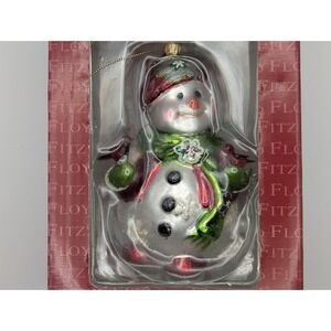 Fitz & Floyd Blown Glass Ornament Santa Snowman w Cardinals - Pre Owned w/Box
